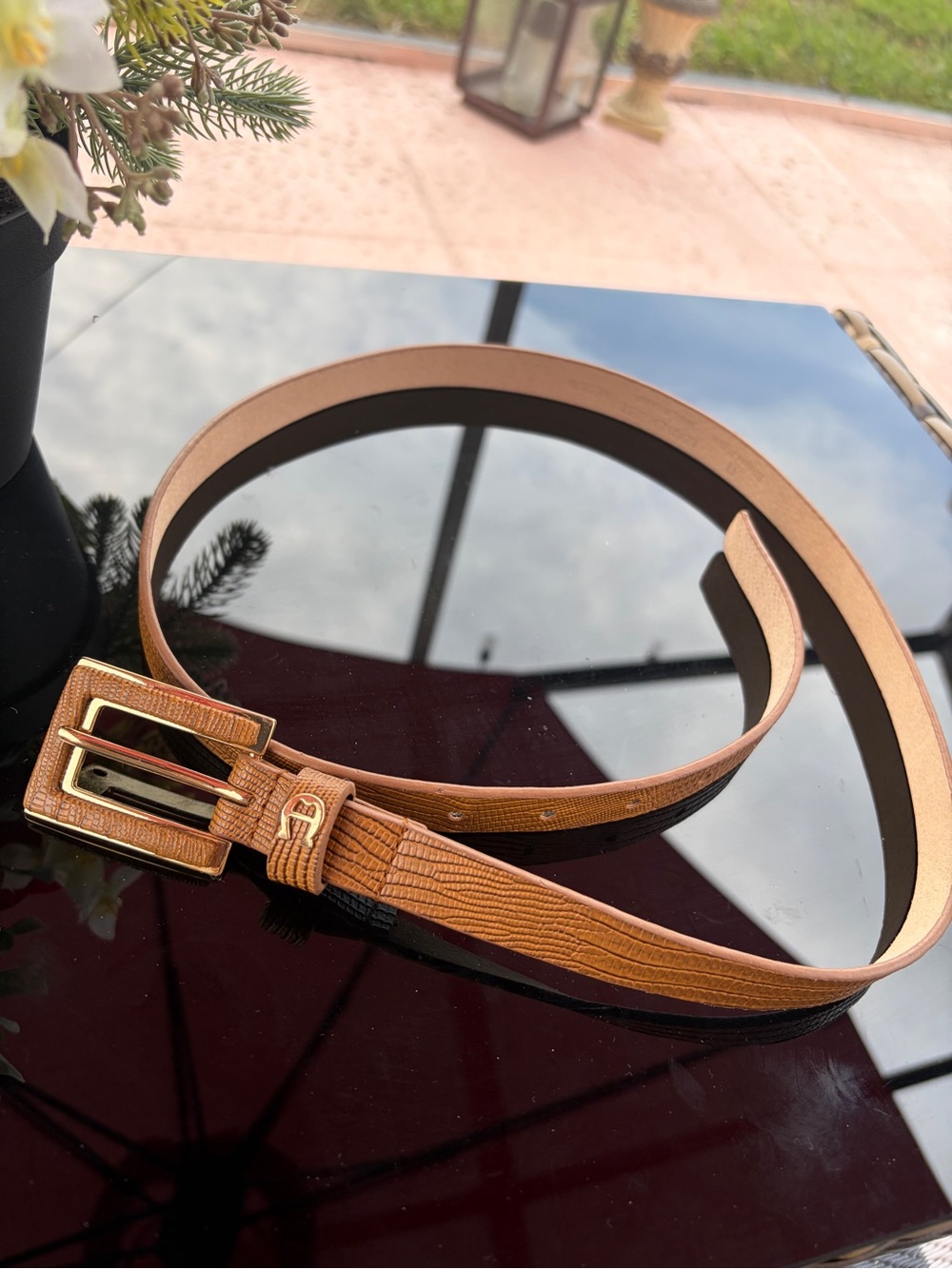 Etienne Aigner Tan Belt with Gold Buckle